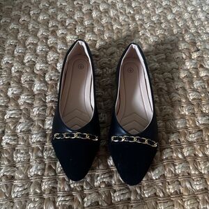 Pointed Toe Black Flats with Gold Chain Detail